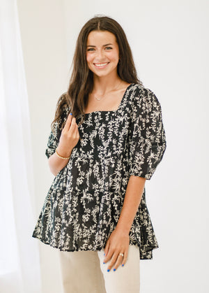 Picnic Perfection Garden Printed Cotton Voile Babydoll Top in Black