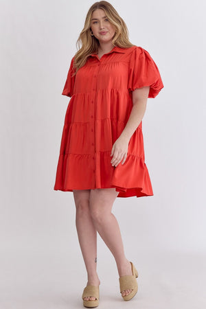 Puff Sleeve Perfection Solid Button Up Tiered Dress in Red