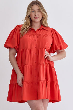 Puff Sleeve Perfection Solid Button Up Tiered Dress in Red