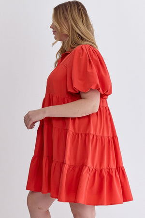 Puff Sleeve Perfection Solid Button Up Tiered Dress in Red
