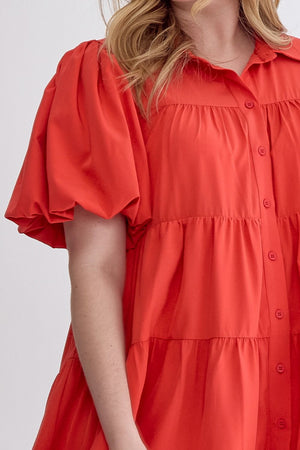 Puff Sleeve Perfection Solid Button Up Tiered Dress in Red