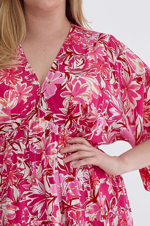 Petals In Bloom 3/4 Sleeve Floral Print Maxi Dress in Pink