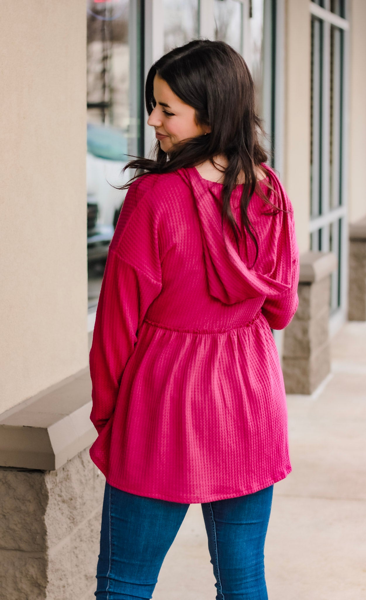 For the Day Waffle Knit Hoodie in Magenta